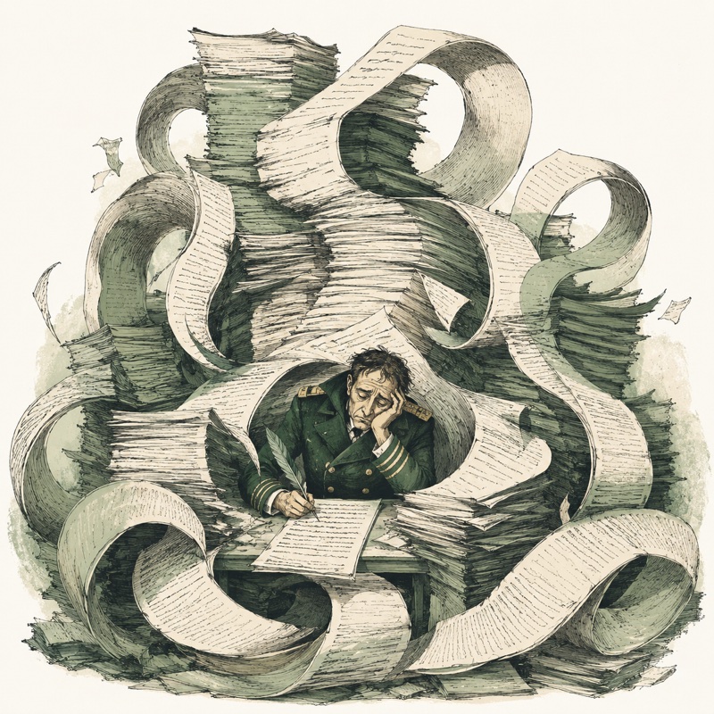 Ilustração editorial do Capitão Manualis, oficial militar engolido por espirais de papel