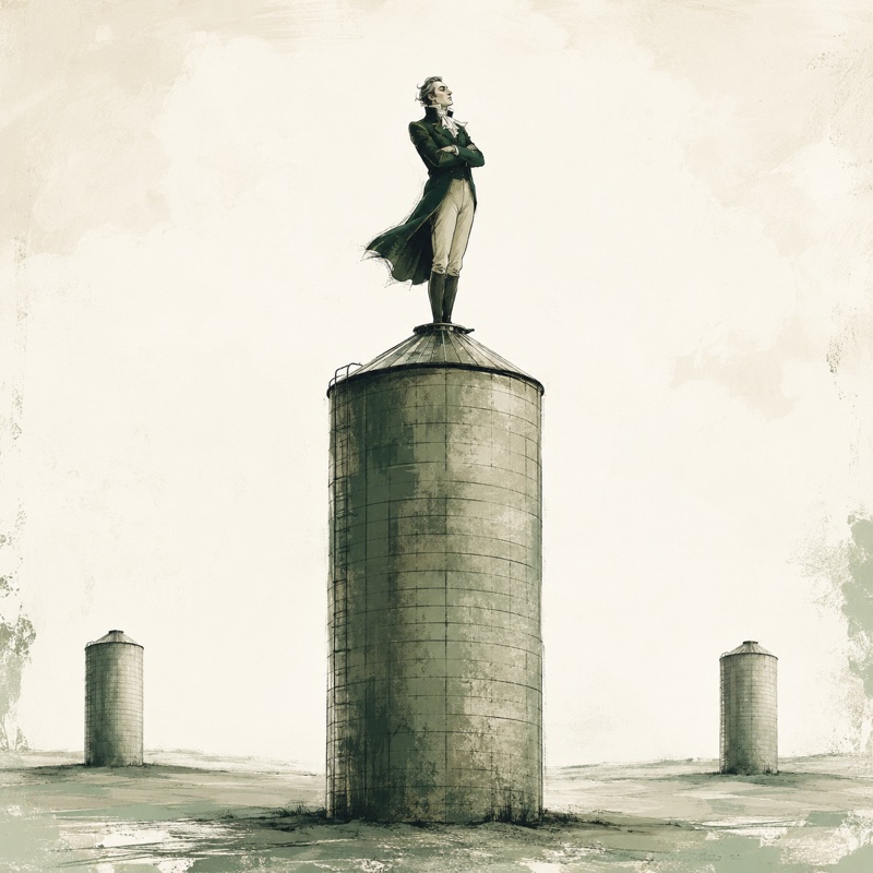 Ilustração editorial do Senhor dos Silos, aristocrata isolado no topo de um silo entre outros dois