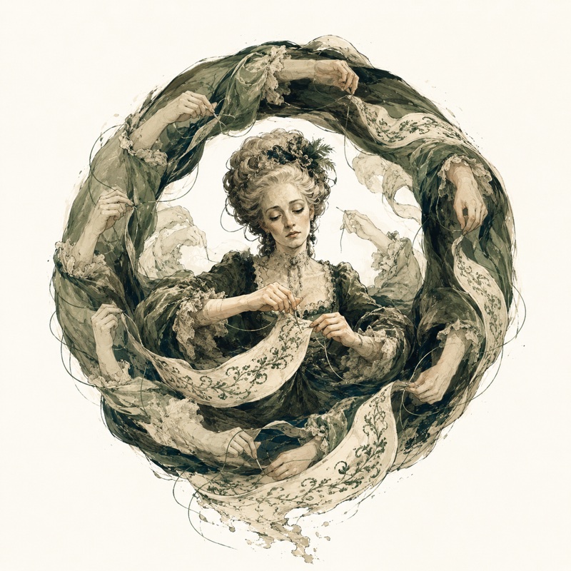 Ilustração editorial da Dama do Retrabalho, nobre barroca cercada por braços fantasma bordando em loop