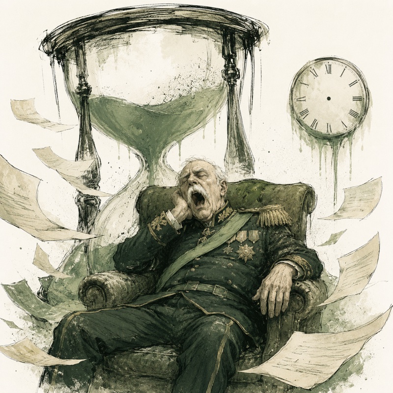 Ilustração editorial do General Lento, oficial idoso bocejando em poltrona com ampulheta e relógio sem ponteiros