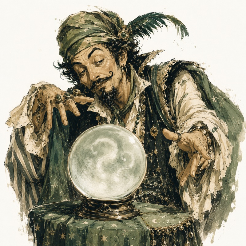 Ilustração editorial do Oráculo do Achismo, adivinho teatral sobre bola de cristal com interrogações