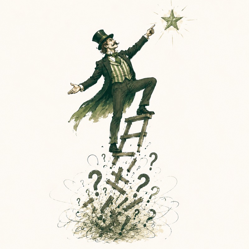 Ilustração editorial do Enganador do Crescimento, charlatão de cartola apontando pra estrela em escada quebrada de interrogações